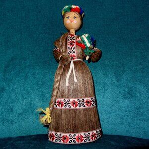 Vintage Russian Folk Art Wooden Doll With Flax Hair Traditional Dress & Braid